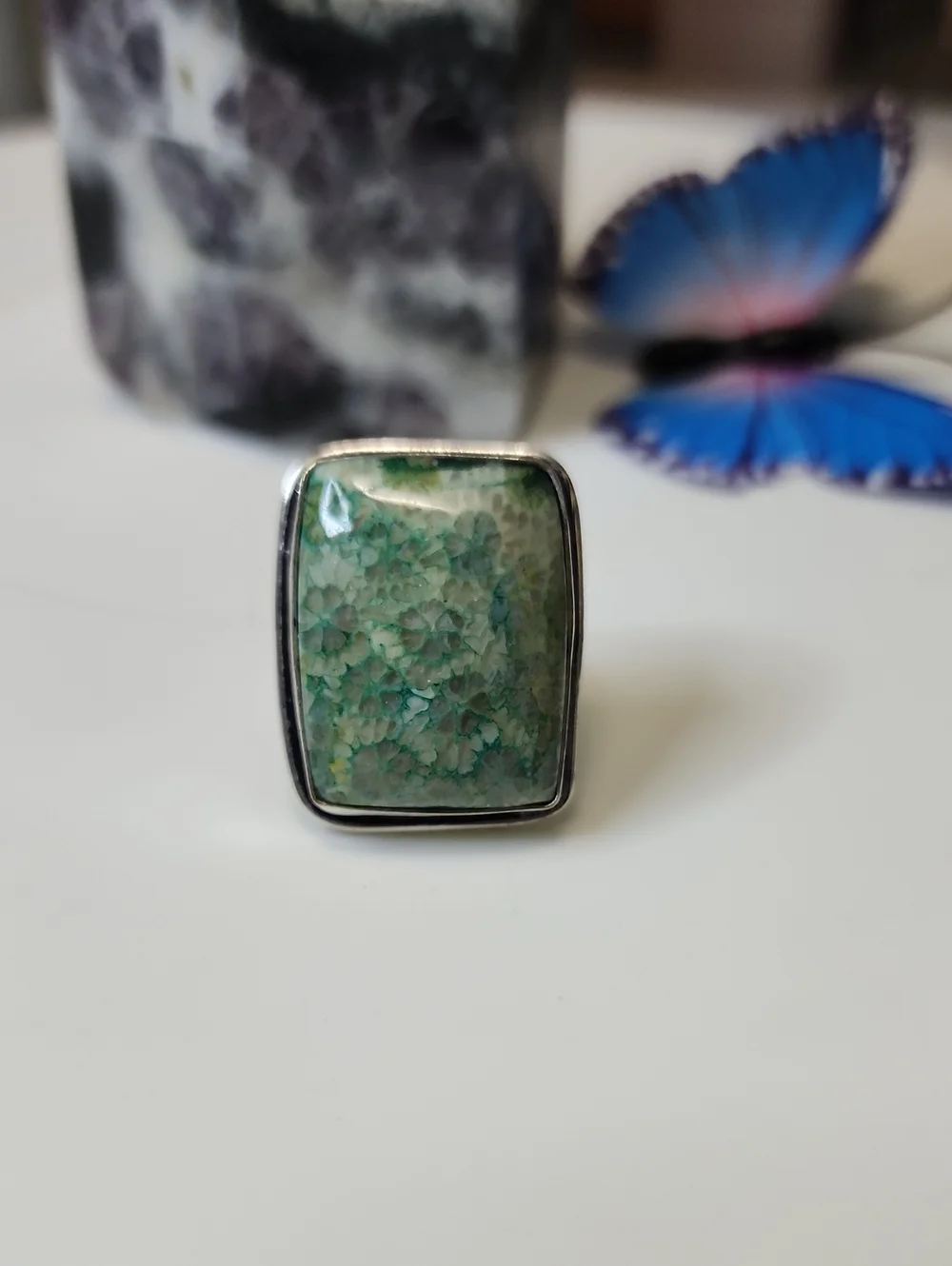 Handcrafted Green Fossil Coral Statement Ring